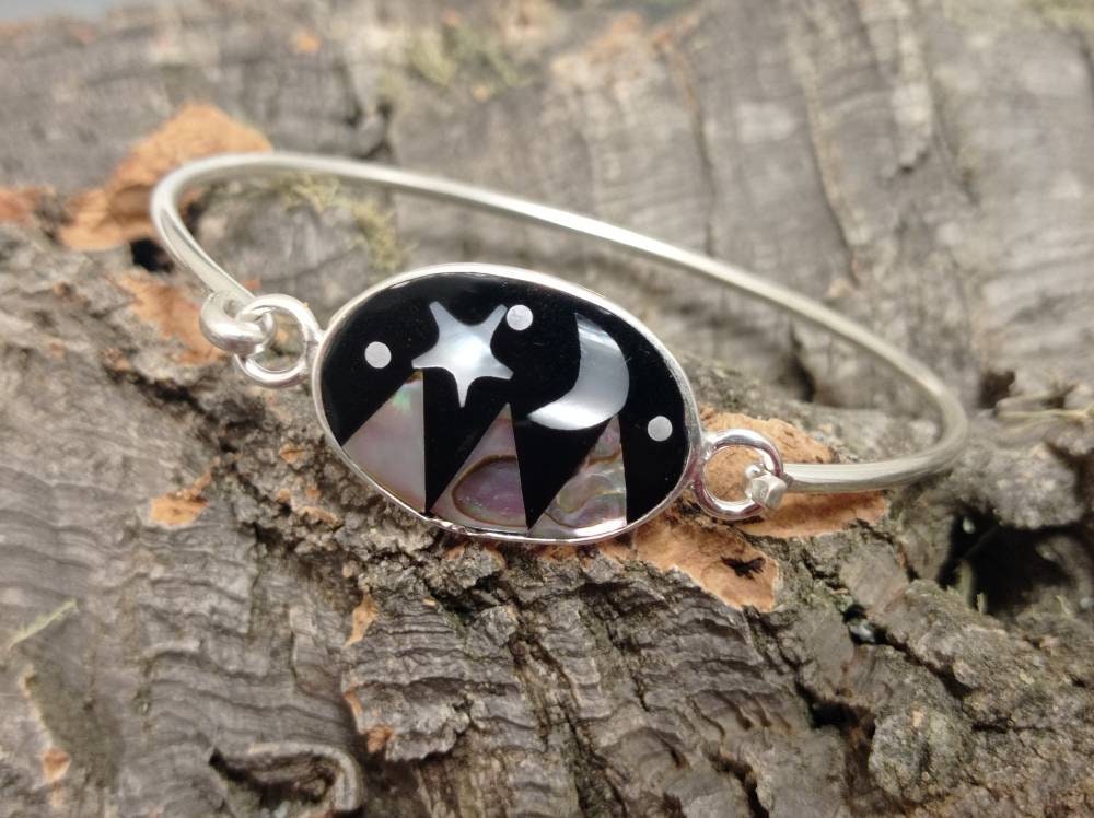 Abalone inlay mother of pearl moon and star bracelet, Silver plated bracelet, Planet bohochic jewelry, landscape bracelet,cosmic bracelet