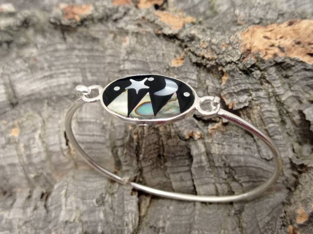 Abalone inlay mother of pearl moon and star bracelet, Silver plated bracelet, Planet bohochic jewelry, landscape bracelet,cosmic bracelet