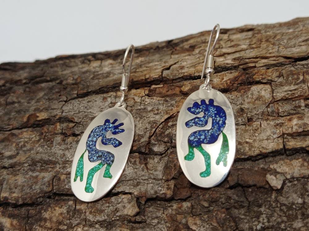 Crushed malachite and turquoise inlay kokopeli earrings,silver plated mexican earrings,hook dangle  earrings, aztec earrings, oval earrings