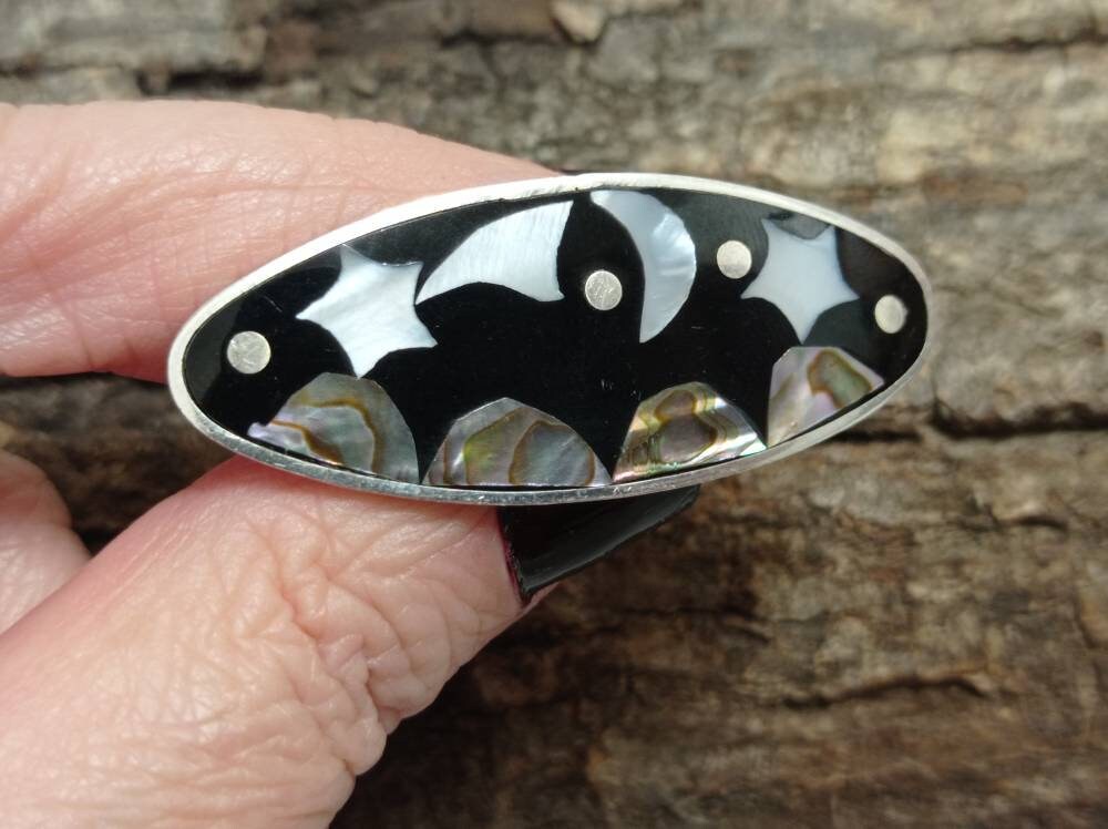 Mini mother of pearl moon ,star and kite black hair barrette,celestial hair clip planet hair accessories, Silver plated landscape hair clip