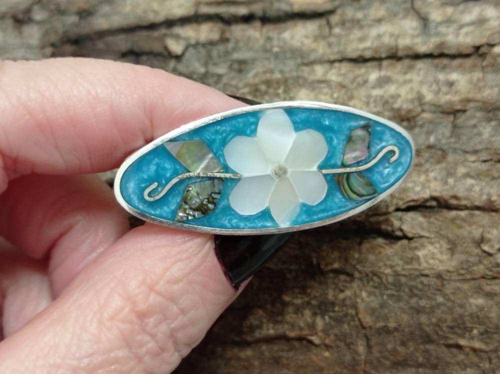 Mini mother of pearl daisy  inlay light blue hair barrette,,silver plated abalone mexican french hair clip, handmade enamel hair jewelry