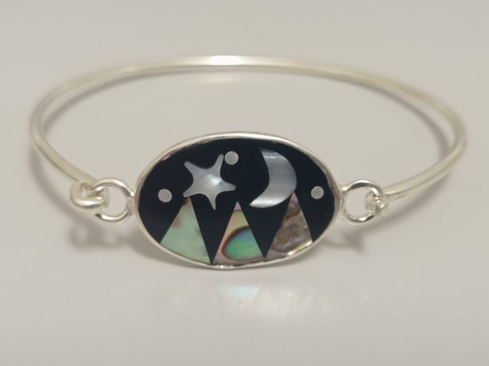 Abalone inlay mother of pearl moon and star bracelet, Silver plated bracelet, Planet bohochic jewelry, landscape bracelet,cosmic bracelet