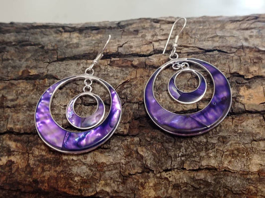 Mexican purple abalone double hoop earrings, mexican danglearrings, Silver plated earrings,Bohochic jewelry,handmade geometric earrings